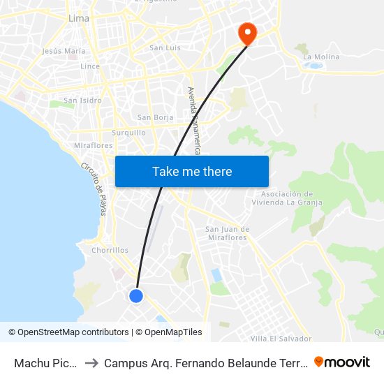 Machu Picchu to Campus Arq. Fernando Belaunde Terry - Usil map