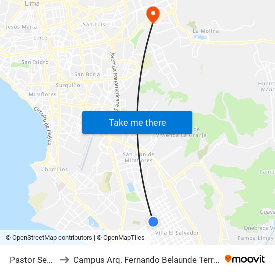Pastor Sevilla to Campus Arq. Fernando Belaunde Terry - Usil map