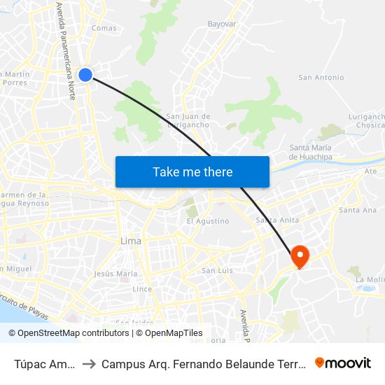 Túpac Amaru to Campus Arq. Fernando Belaunde Terry - Usil map