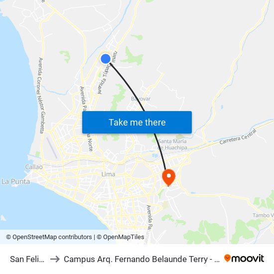 San Felipe to Campus Arq. Fernando Belaunde Terry - Usil map