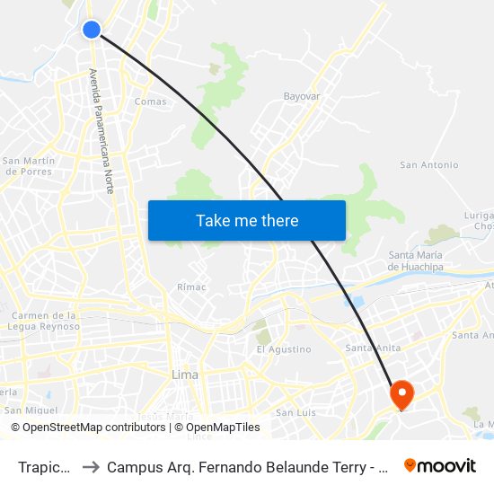 Trapiche to Campus Arq. Fernando Belaunde Terry - Usil map