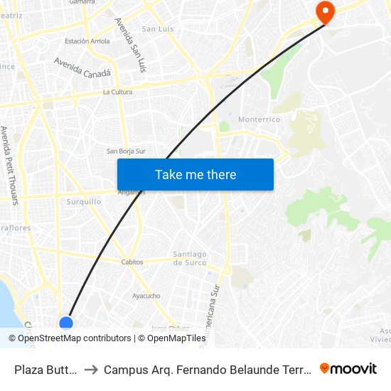 Plaza Butters to Campus Arq. Fernando Belaunde Terry - Usil map