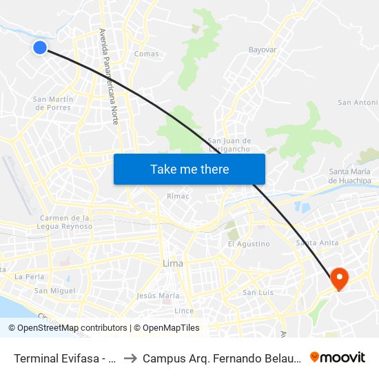 Terminal Evifasa - San Diego to Campus Arq. Fernando Belaunde Terry - Usil map