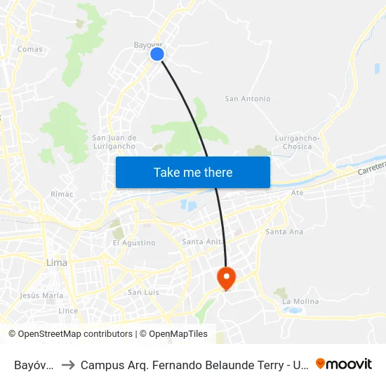 Bayóvar to Campus Arq. Fernando Belaunde Terry - Usil map
