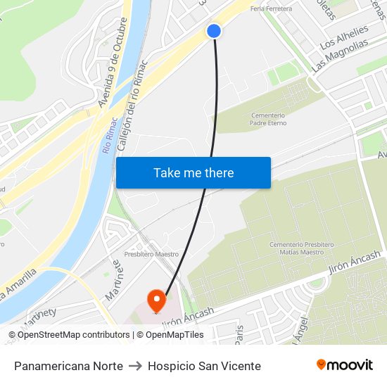 Panamericana Norte to Hospicio San Vicente map