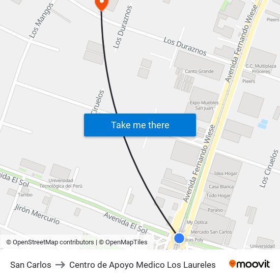 San Carlos to Centro de Apoyo Medico Los Laureles map