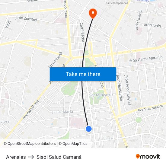 Arenales to Sisol Salud Camaná map