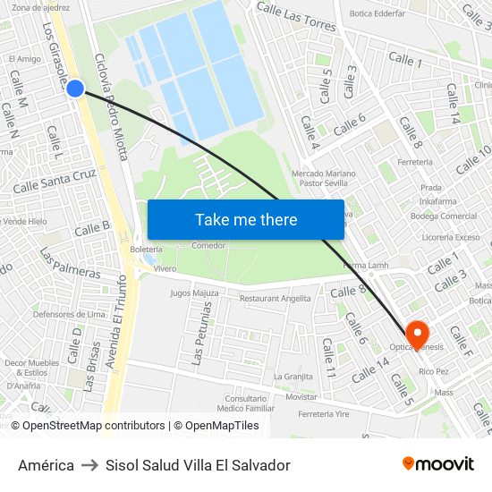 América to Sisol Salud Villa El Salvador map