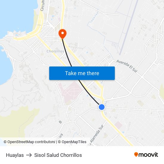 Huaylas to Sisol Salud Chorrillos map