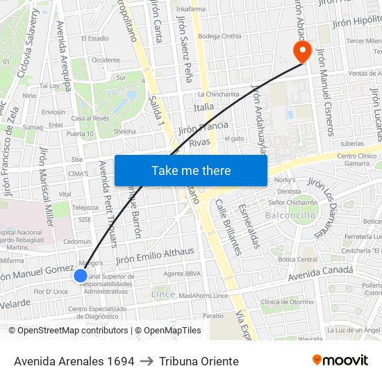 Avenida Arenales 1694 to Tribuna Oriente map