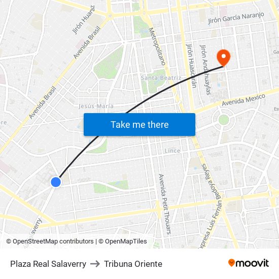 Plaza Real Salaverry to Tribuna Oriente map