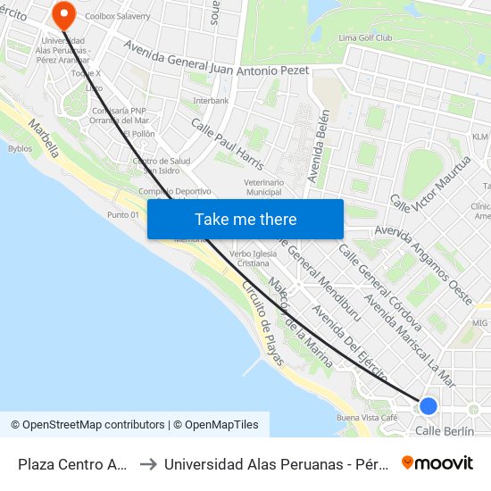 Plaza Centro América to Universidad Alas Peruanas - Pérez Araníbar map