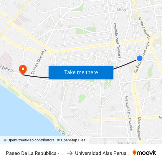 Paseo De La República - Tottus Juan De Arona to Universidad Alas Peruanas - Pérez Araníbar map
