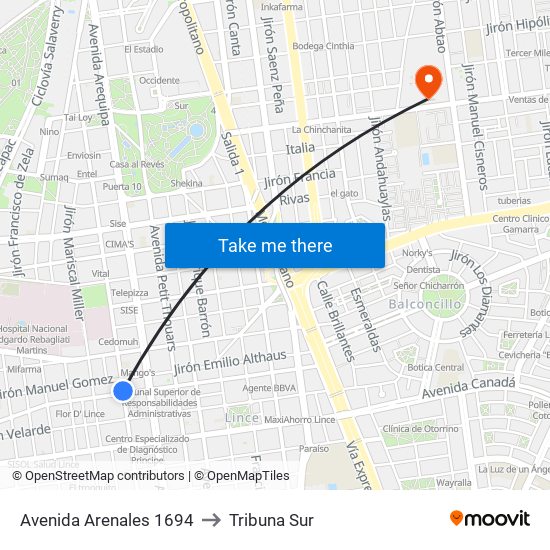 Avenida Arenales 1694 to Tribuna Sur map