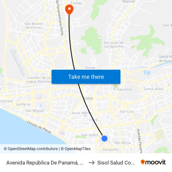 Avenida República De Panamá, 3887 to Sisol Salud Comas map