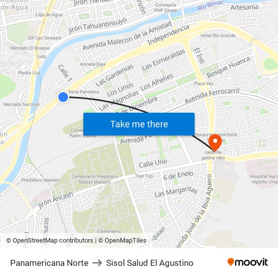 Panamericana Norte to Sisol Salud El Agustino map