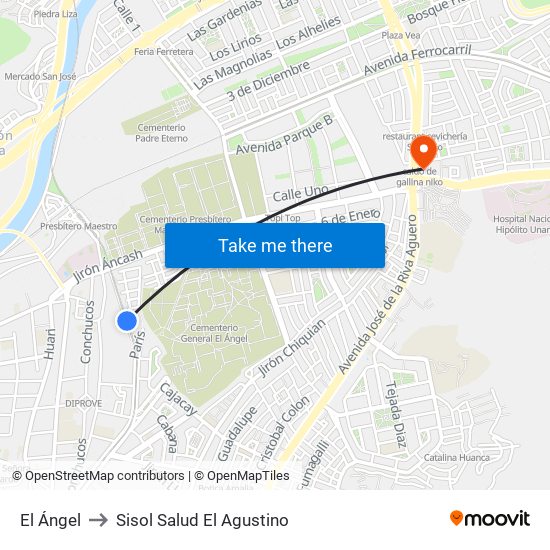 El Ángel to Sisol Salud El Agustino map