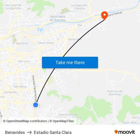 Benavides to Estadio Santa Clara map