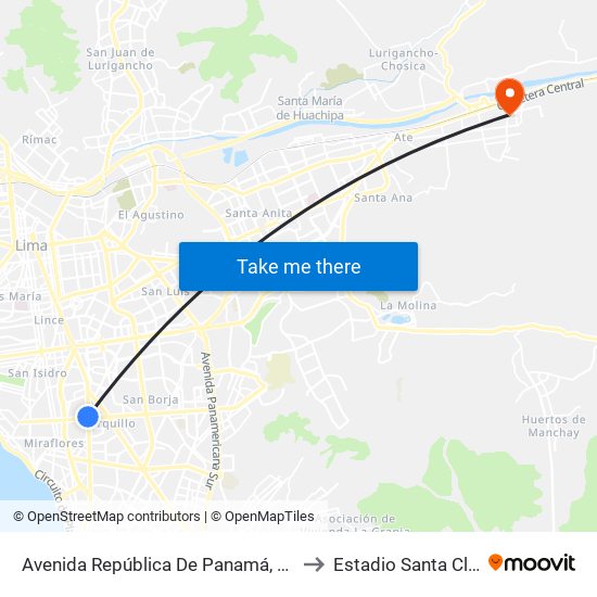 Avenida República De Panamá, 4746 to Estadio Santa Clara map