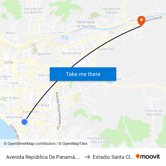 Avenida República De Panamá, 6190 to Estadio Santa Clara map
