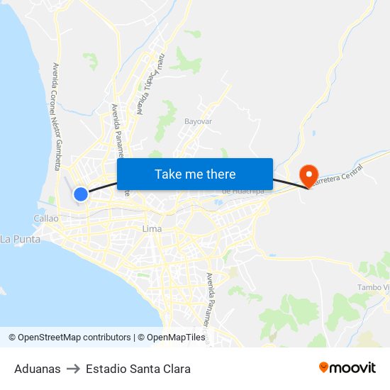 Aduanas to Estadio Santa Clara map
