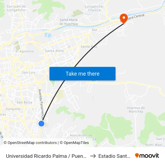Universidad Ricardo Palma / Puente Benavides to Estadio Santa Clara map