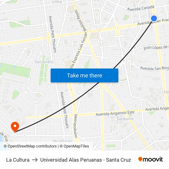La Cultura to Universidad Alas Peruanas - Santa Cruz map