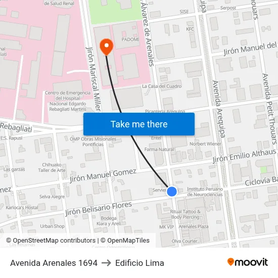Avenida Arenales 1694 to Edificio Lima map