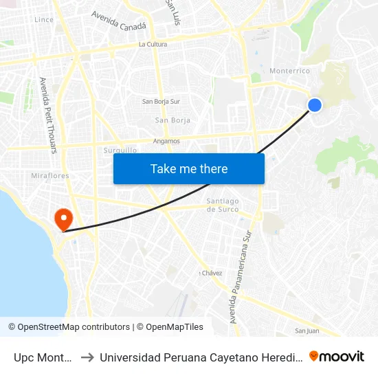 Upc Monterrico to Universidad Peruana Cayetano Heredia - Miraflores map
