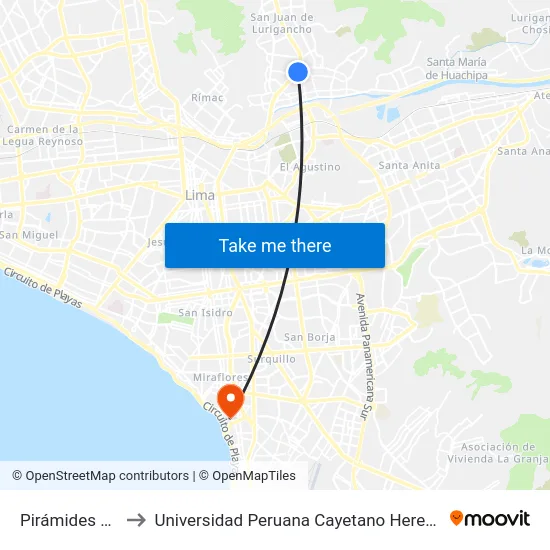 Pirámides Del Sol to Universidad Peruana Cayetano Heredia - Miraflores map