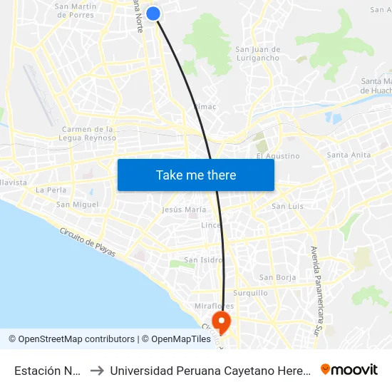 Estación Naranjal to Universidad Peruana Cayetano Heredia - Miraflores map