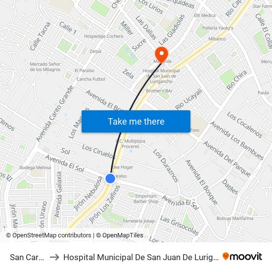 San Carlos to Hospital Municipal De San Juan De Lurigancho map