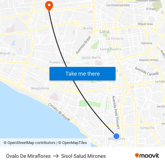 Óvalo De Miraflores to Sisol Salud Mirones map