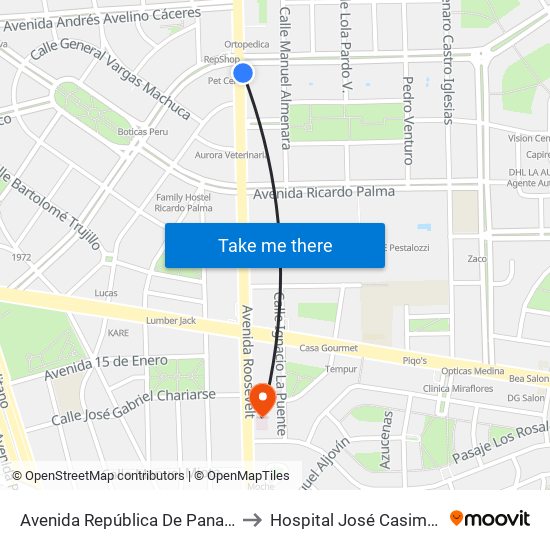 Avenida República De Panamá, 5734 to Hospital José Casimiro Ulloa map