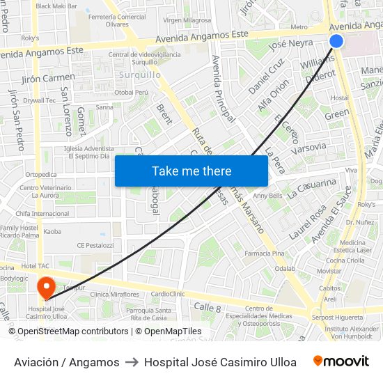 Aviación / Angamos to Hospital José Casimiro Ulloa map