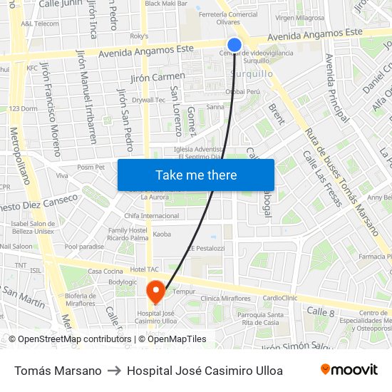 Tomás Marsano to Hospital José Casimiro Ulloa map