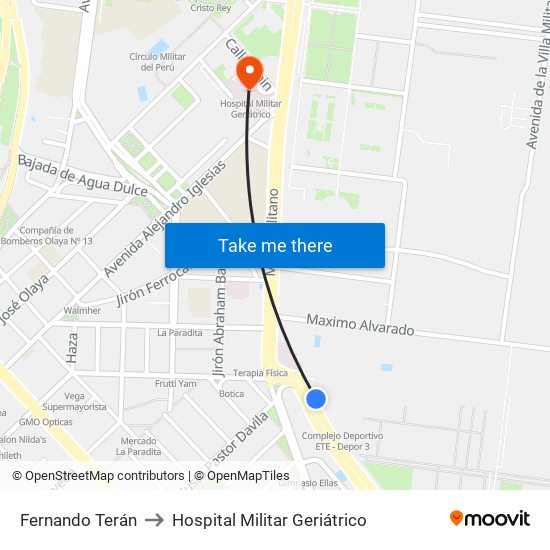 Fernando Terán to Hospital Militar Geriátrico map