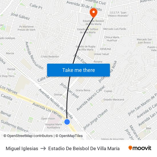 Miguel Iglesias to Estadio De Beísbol De Villa María map