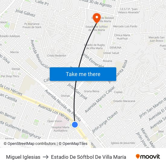 Miguel Iglesias to Estadio De Sóftbol De Villa María map