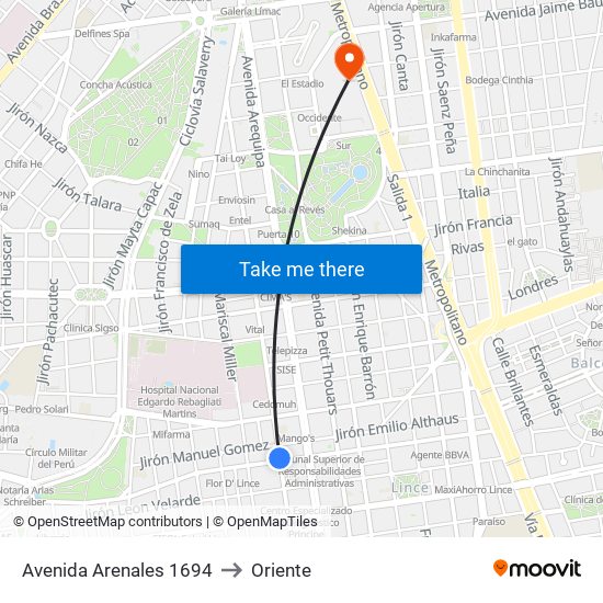 Avenida Arenales 1694 to Oriente map