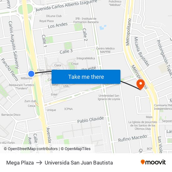 Mega Plaza to Universida San Juan Bautista map