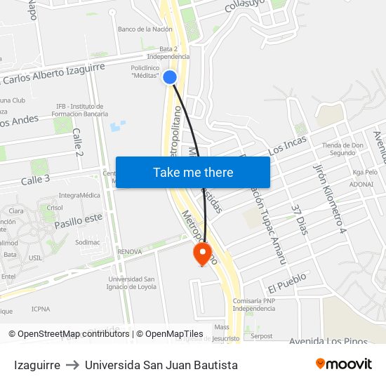 Izaguirre to Universida San Juan Bautista map