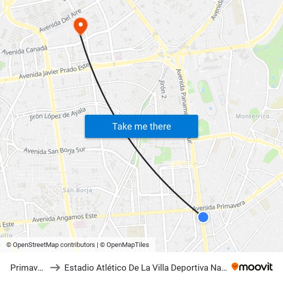 Primavera to Estadio Atlético De La Villa Deportiva Nacional map
