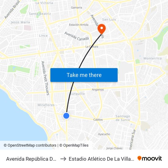 Avenida República De Panamá, 6239 to Estadio Atlético De La Villa Deportiva Nacional map