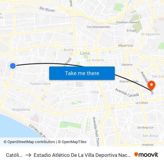 Católica to Estadio Atlético De La Villa Deportiva Nacional map