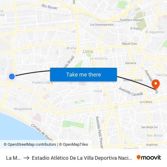 La Mar to Estadio Atlético De La Villa Deportiva Nacional map