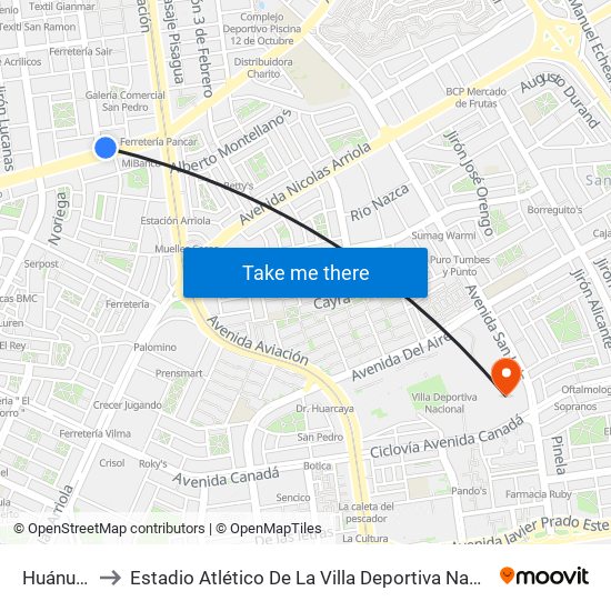 Huánuco to Estadio Atlético De La Villa Deportiva Nacional map