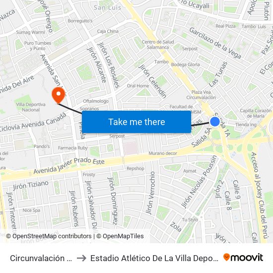 Circunvalación - Trebol to Estadio Atlético De La Villa Deportiva Nacional map