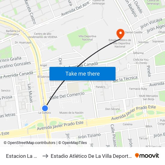 Estacion La Cultura to Estadio Atlético De La Villa Deportiva Nacional map