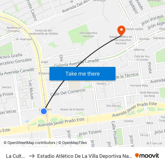 La Cultura to Estadio Atlético De La Villa Deportiva Nacional map